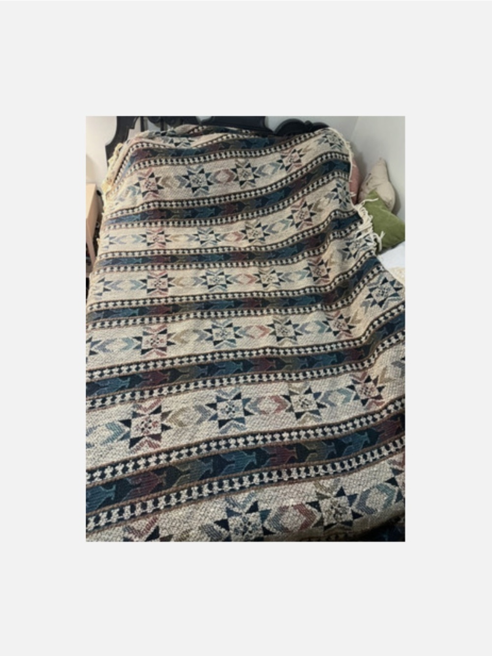 Large Vtg Oval Woven Knit Blanket Rug Fringe Multicolor Southwestern 112" X 58" - Picture 9 of 9